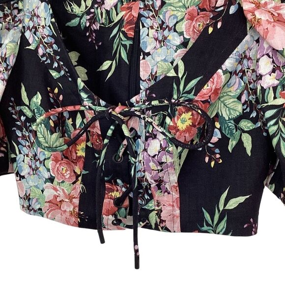 ZIMMERMANN Size 0 Bellitude Cropped Lace-up Floral Print Linen Top Shirt Blouse - Picture 5 of 12